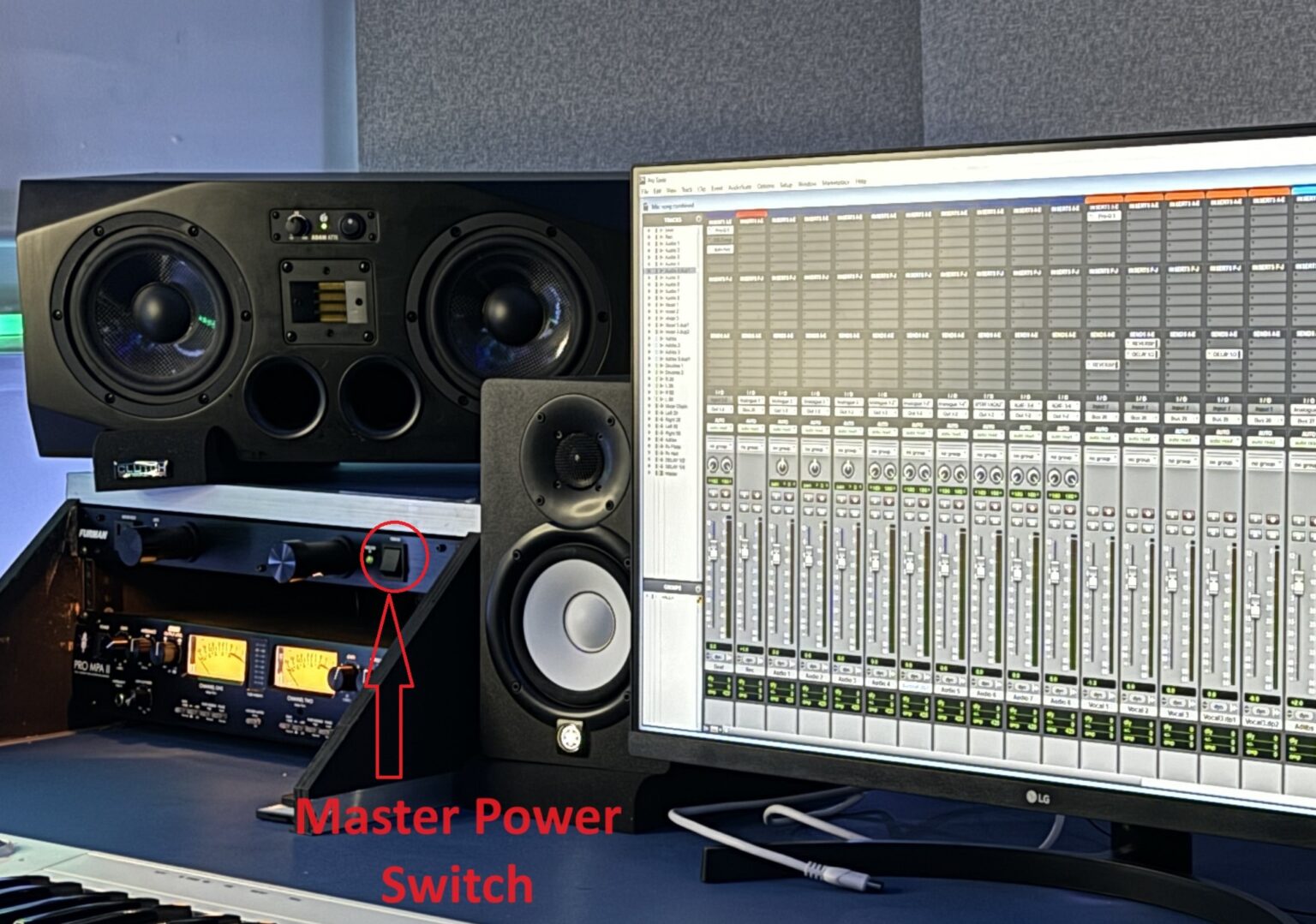 Master power switch at the affordable recording studio in Los Angeles Blizz Sound