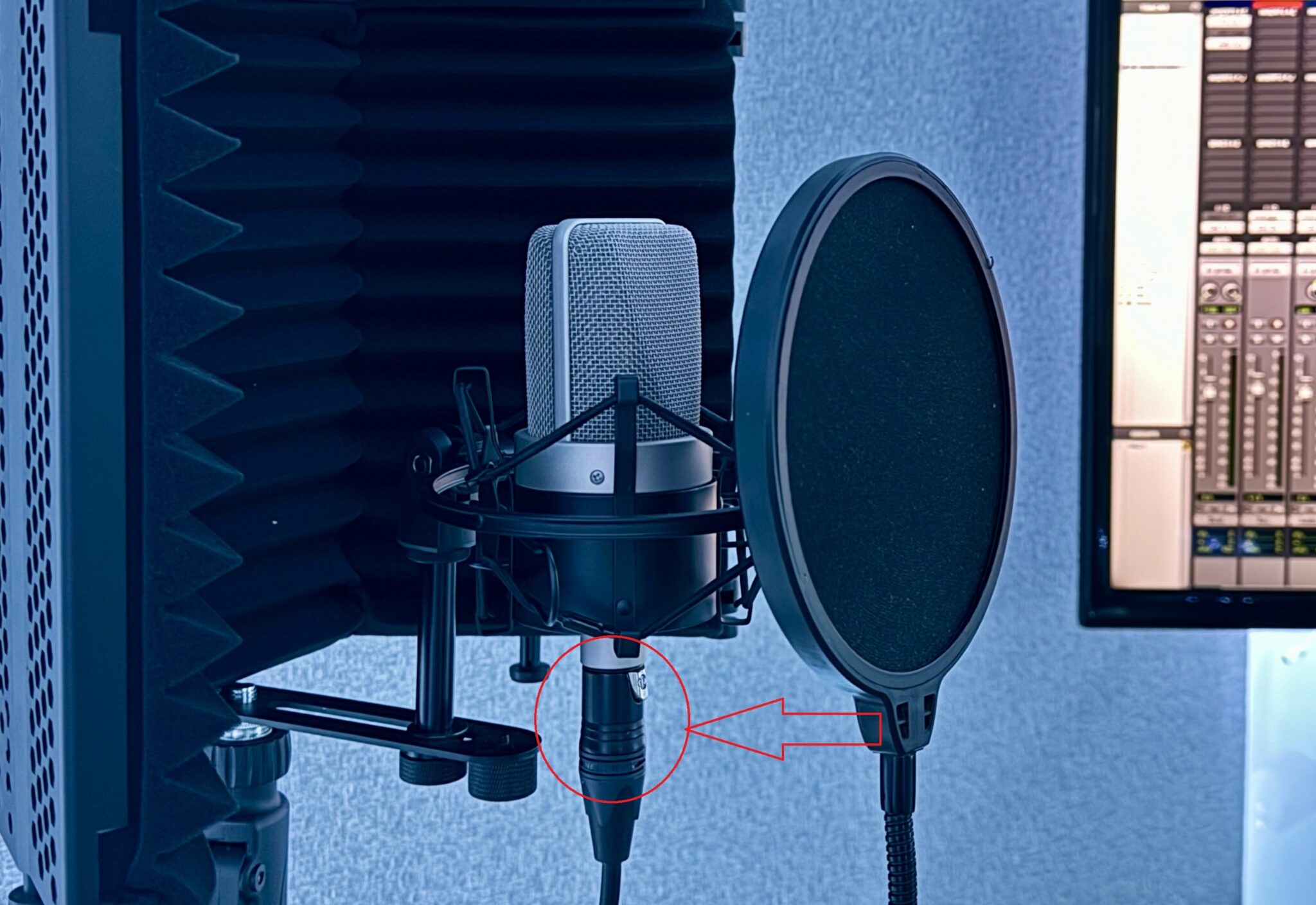Mic is plugged in at the affordable recording studio Blizz Sound in Los Angeles at the Vineland location
