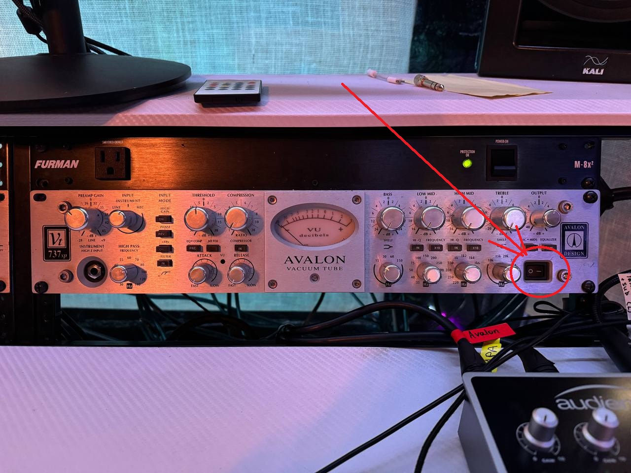 Power switch on the Avalon 737 pre-amp at the Blizz Sound Affordable Recording studio in Los Angeles